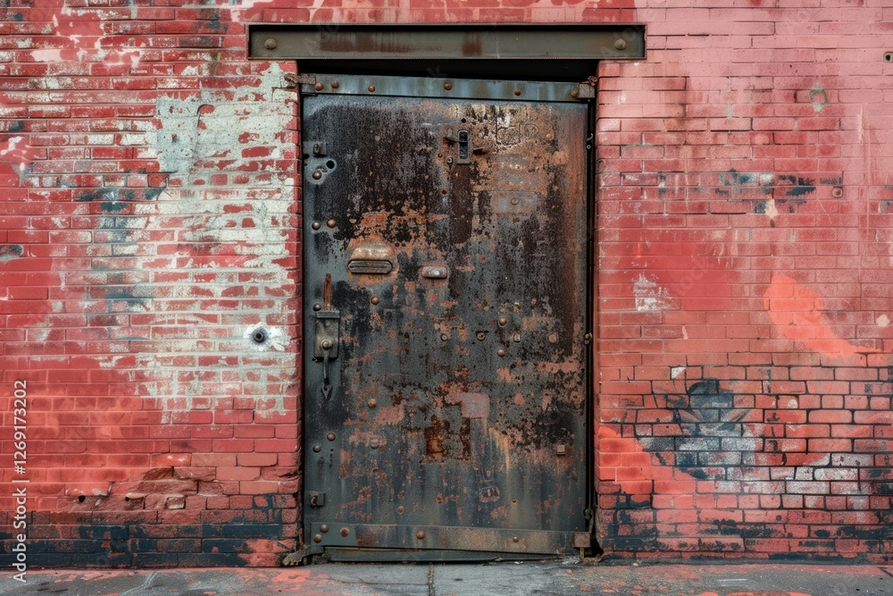 Photo of Red brick wall with old rustic weathered door in european city. Background texture for backdrops or mapping Photo of Red brick wall with old rustic weathered door in european city. Background texture for backdrops or mapping