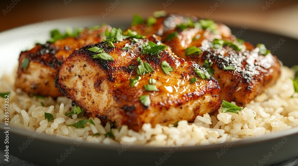 Grilled fish fillets garnished with herbs served over fluffy rice. Grilled fish fillets garnished with herbs served over fluffy rice.