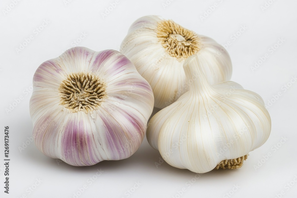 Close-up photo of three heads of garlic on a white surface Close-up photo of three heads of garlic on a white surface