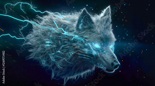 Futuristic wolf with cybernetic implants glowing with blue light in the darkness.