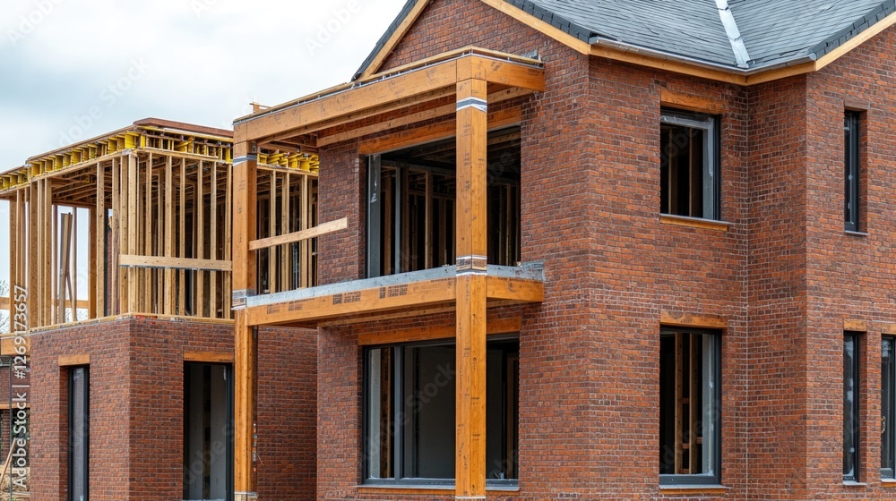 Construction of a brick building using wooden framing, with workers and machinery in action Construction of a brick building using wooden framing, with workers and machinery in action