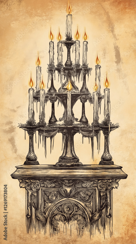 Fototapeta premium Hand-drawn vintage illustration of an elaborate Gothic candle arrangement with tall tapering wax candles, intricate ironwork, and medieval-inspired detailing, evoking sacred traditions