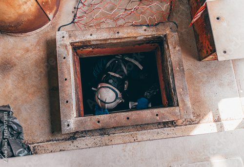 Top view male climb up the stairs into the boiler chemical area confined space save lives with rescue safety photo