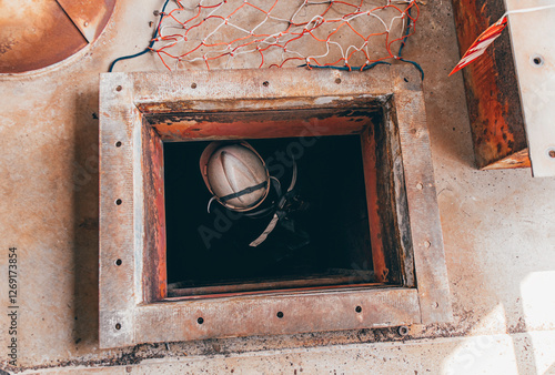 Top view male climb up the stairs into the boiler chemical area confined space save lives with rescue safety photo