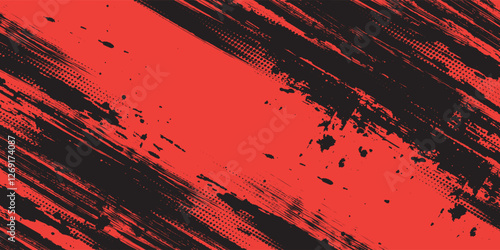 Black and Red Grunge Brush Background with Halftone Effect
