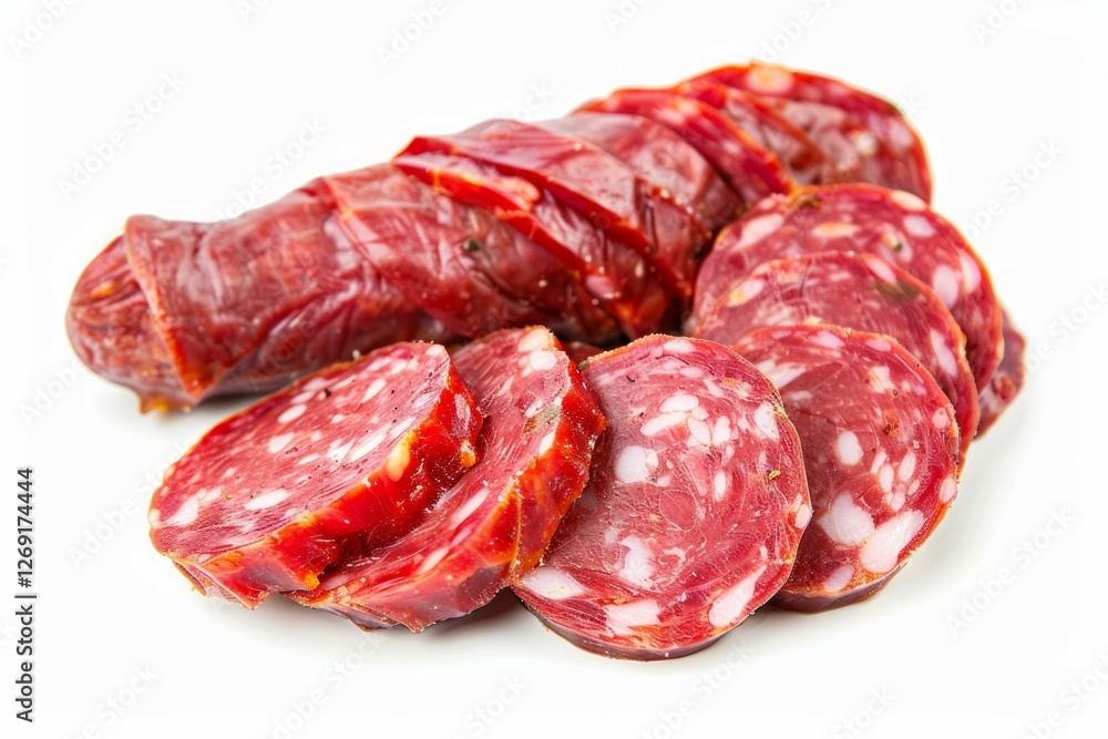 Rustic smoked sausages on white background. AI image Rustic smoked sausages on white background. AI image