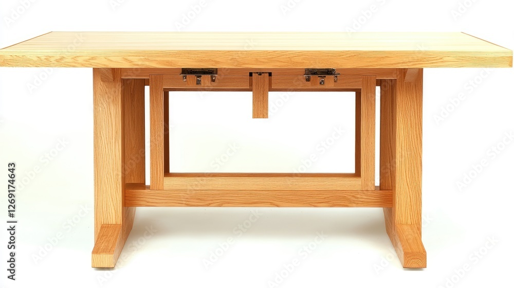 A sturdy wooden dining table with an expandable design, allowing extra seating for large meals. A sturdy wooden dining table with an expandable design, allowing extra seating for large meals.