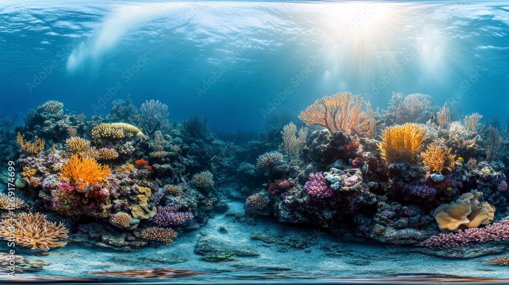 Fototapeta premium Vibrant Underwater World Featuring Diverse Coral Reefs and Marine Life Illuminated by Soft Sunlight