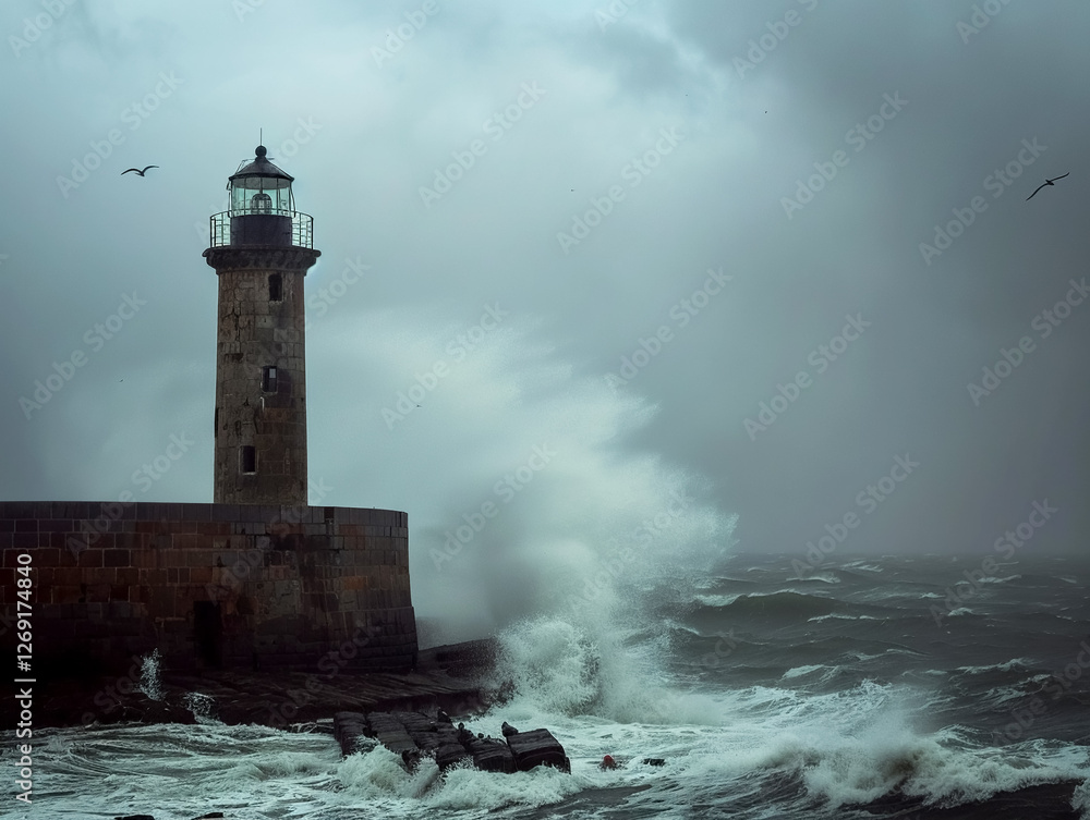 lighthouse stands firm against turbulent waves and stormy skies, showcasing nature power and resilience lighthouse stands firm against turbulent waves and stormy skies, showcasing nature power and resilience