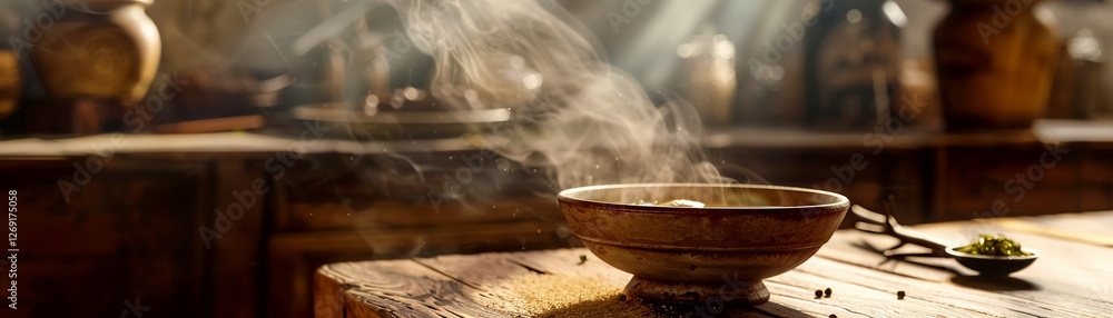 rustic wooden table with steaming bowl of food, evoking warmth and comfort. soft light enhances cozy atmosphere rustic wooden table with steaming bowl of food, evoking warmth and comfort. soft light enhances cozy atmosphere