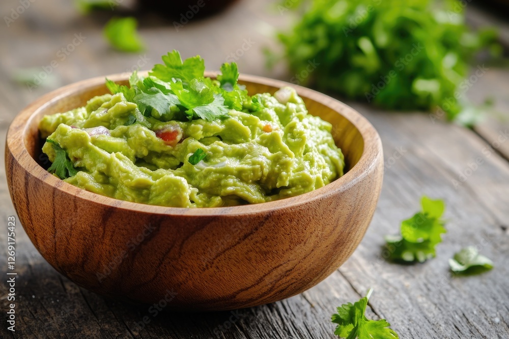 Fresh guacamole served in a wooden bowl on a wooden table, ready to be enjoyed Fresh guacamole served in a wooden bowl on a wooden table, ready to be enjoyed