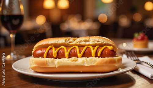 Gourmet hot dog with mustard on elegant plate, upscale dining experience