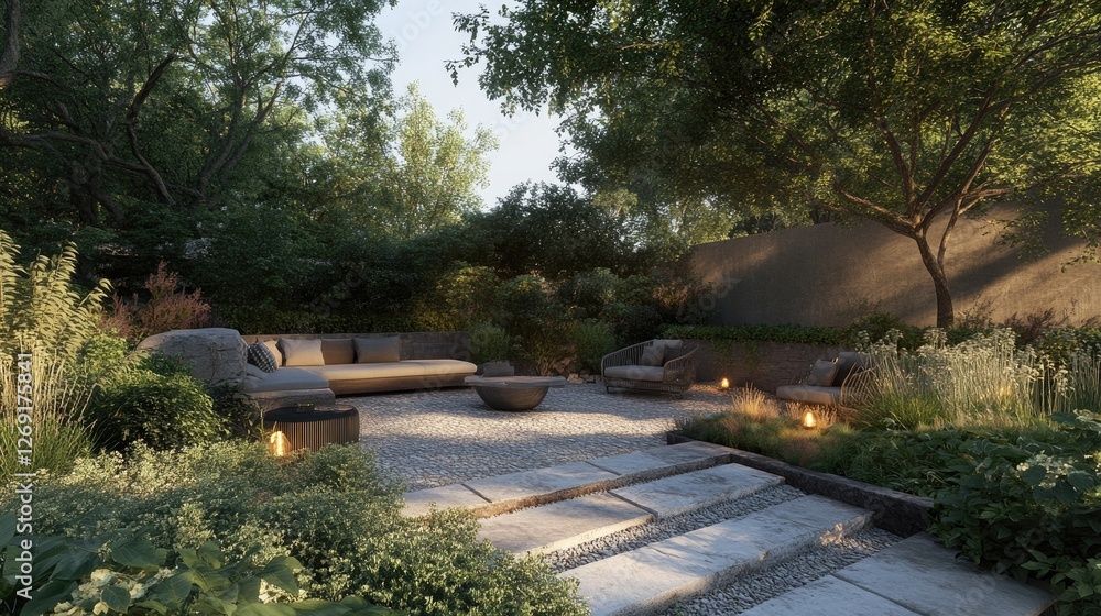 A stylish outdoor lounge area with modern furniture, surrounded by lush greenery and decorative lighting. A stylish outdoor lounge area with modern furniture, surrounded by lush greenery and decorative lighting.