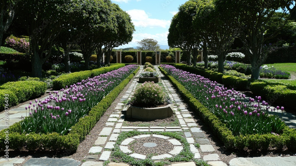 Fototapeta premium A symmetrical flower garden with neatly arranged tulips, lavender, and decorative stone pathways.