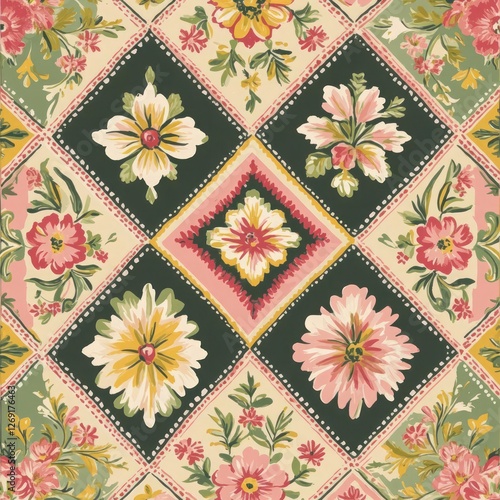 A repeating floral pattern featuring large, stylized flowers in pink, yellow, and green against a dark green and beige diamond-shaped background. The design suggests a patchwork or quilting aesthetic photo