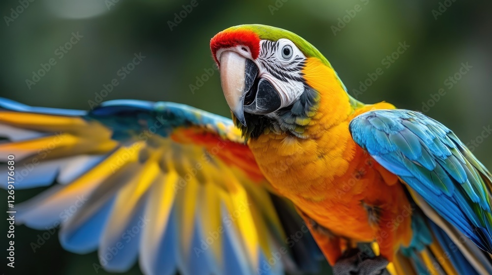 Fototapeta premium Vibrant macaw perched with wings spread, showcasing colorful feathers against a blurred green backdrop