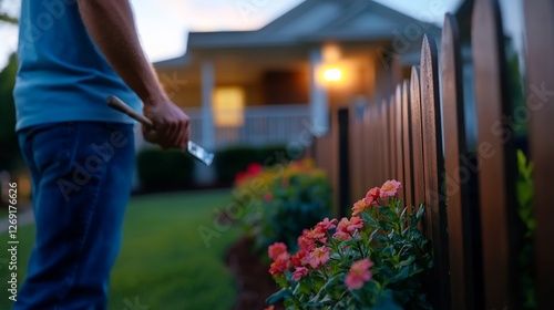 Evening touch-up, man meticulously painting a suburban fence line