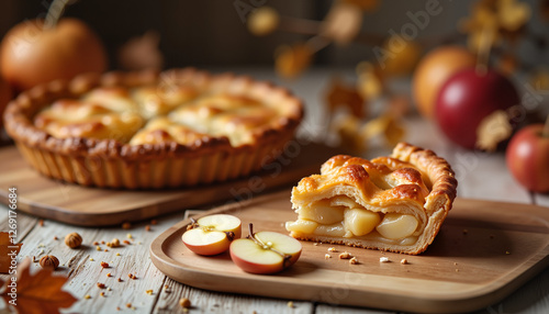 Wallpaper Mural Rustic apple pie slice on wooden board in autumn kitchen, cozy warmth Torontodigital.ca