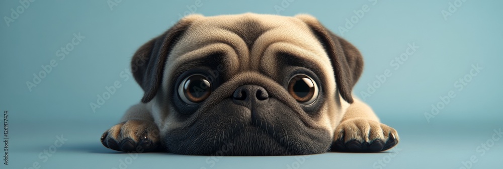 Fototapeta premium Realistic 3D Pug Dog Resting Its Head on a Soft Surface