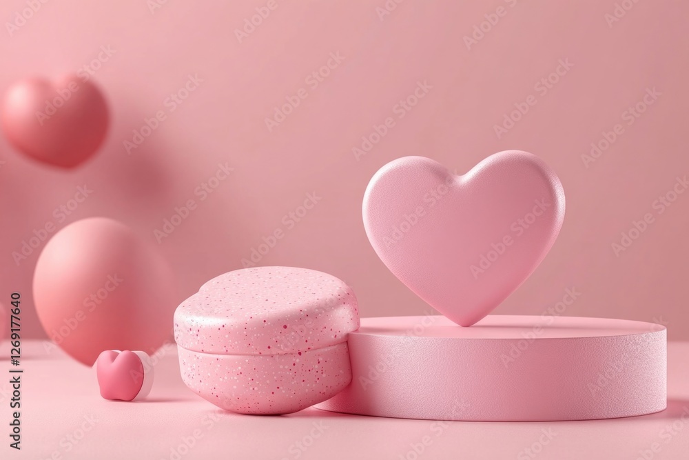 A pink heart-shaped bath bomb sits atop a white pedestal, perfect for spa or bath-related uses A pink heart-shaped bath bomb sits atop a white pedestal, perfect for spa or bath-related uses