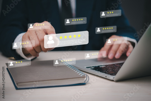 Business analyzing virtual customer feedback, digital star rating management, online review platform, client satisfaction metrics, user experience evaluation