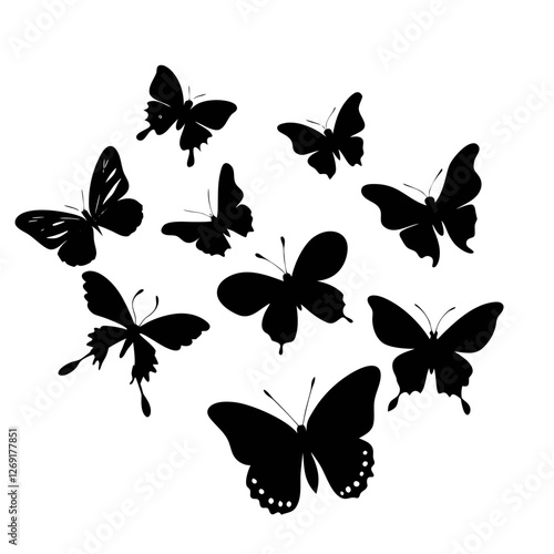 Flying cute butterflies silhouette black set isolated on transparent background