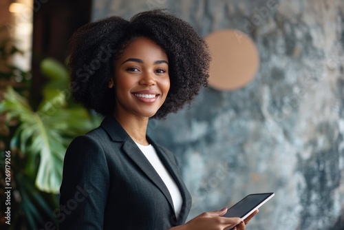 Businesswoman on the go holding her cell phone photo