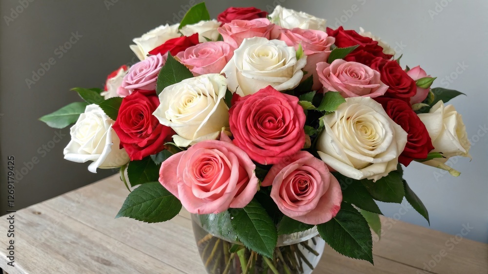 Beautiful Arrangement of Colorful Roses - A vibrant bouquet of roses in shades of red, pink, and white, showcasing a lovely display perfect for any occasion Beautiful Arrangement of Colorful Roses - A vibrant bouquet of roses in shades of red, pink, and white, showcasing a lovely display perfect for any occasion