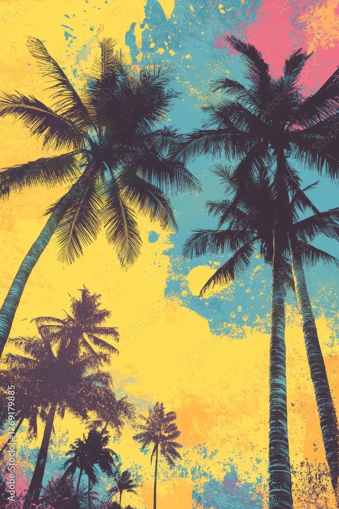 Fototapeta premium Sunny palms colorful sky vibrant artwork tropical.
