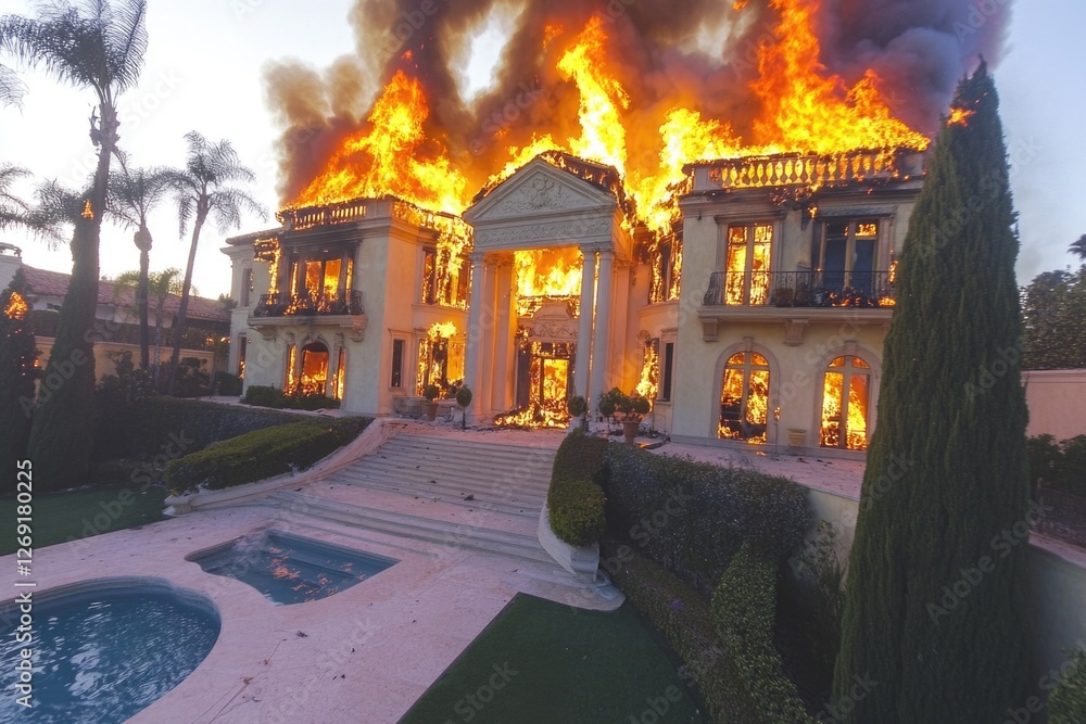 Obraz premium A house engulfed in flames with a pool in the foreground, ideal for use in dramatic or chaotic scenes