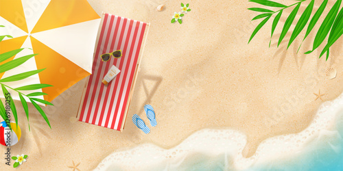 Bright summer banner template. Vector summer beach with beach chair, umbrella, ball, seashells, flip flops, sea wave, tropical leaves, flowers. Ad banner for promotion of summer goods, events, holiday