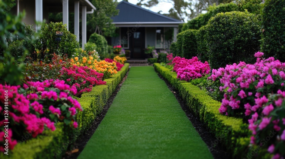 A well-maintained front yard garden with trimmed hedges, vibrant flowers, and a relaxing ambiance. A well-maintained front yard garden with trimmed hedges, vibrant flowers, and a relaxing ambiance.
