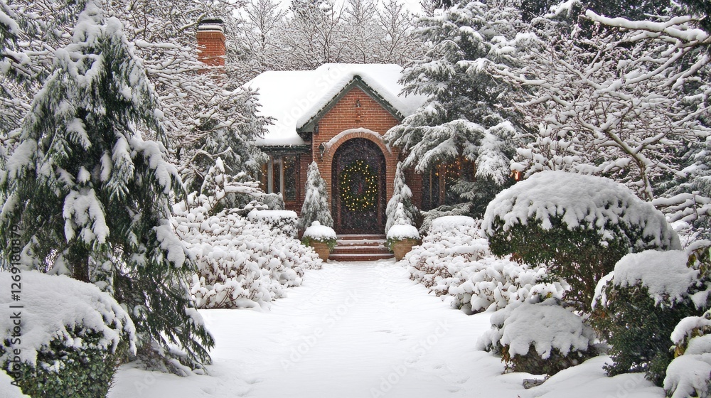 A winter garden with snow-covered trees, evergreen shrubs, and a beautifully decorated entrance. A winter garden with snow-covered trees, evergreen shrubs, and a beautifully decorated entrance.