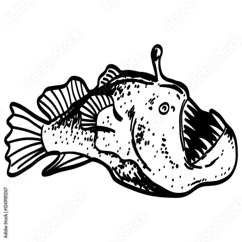 Angler Fish with Glowing Lantern Sea Creature Cartoon Outline Drawing Illustration Vector