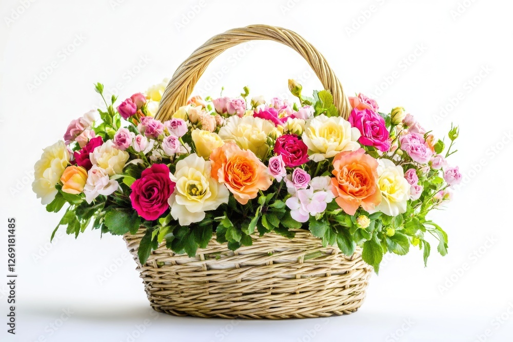 A basket overflowing with vibrant flowers, perfect for decorating or gift-giving A basket overflowing with vibrant flowers, perfect for decorating or gift-giving