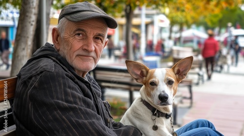 An old man was resting on a bench with his dog