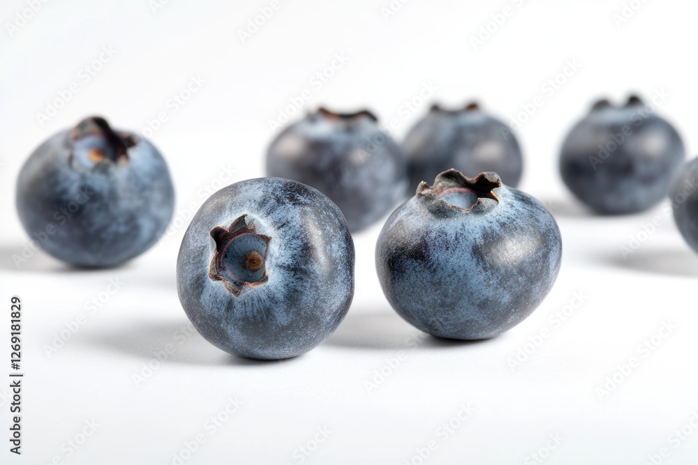 A cluster of fresh blueberries sits on a clean white surface, perfect for food photography or illustration A cluster of fresh blueberries sits on a clean white surface, perfect for food photography or illustration
