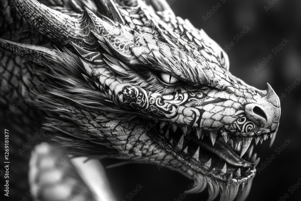 Photography A close-up shot of a dragon's head in monochrome tones