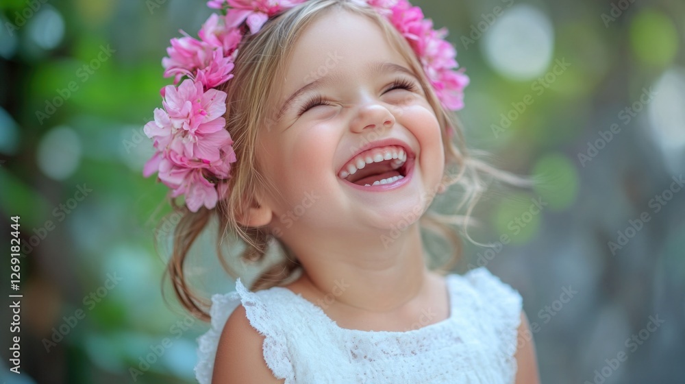 A young girl wearing a colorful flower crown, perfect for whimsical or childhood-themed images A young girl wearing a colorful flower crown, perfect for whimsical or childhood-themed images