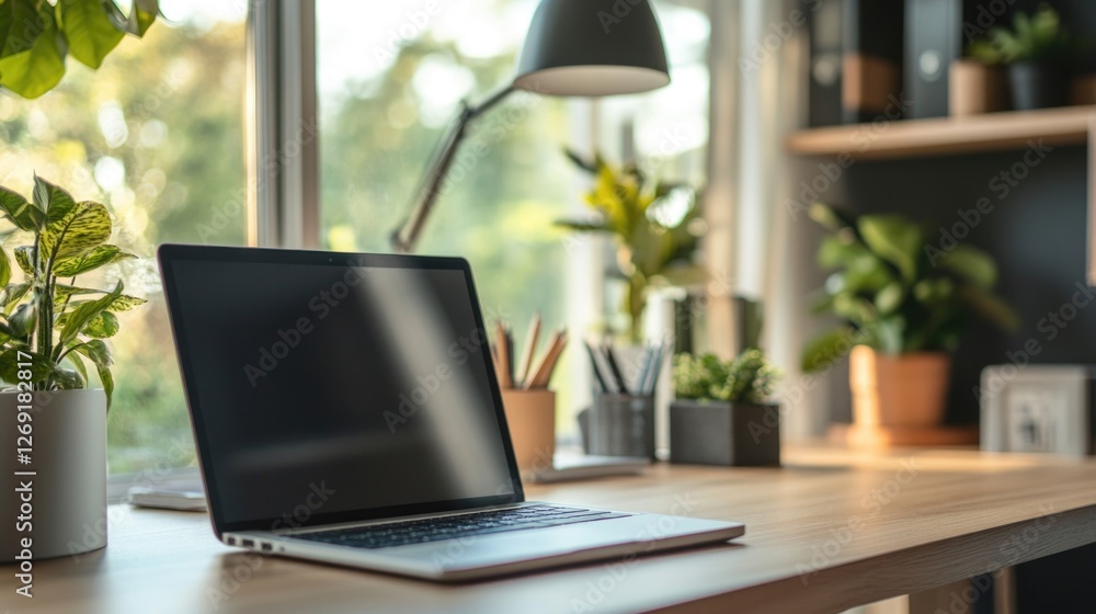 A laptop computer sits on top of a wooden desk, ready for use A laptop computer sits on top of a wooden desk, ready for use