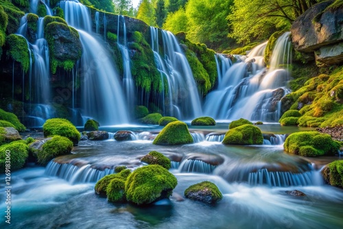 Slow Motion Waterfall Cascading Over Mossy Rocks into a Lake