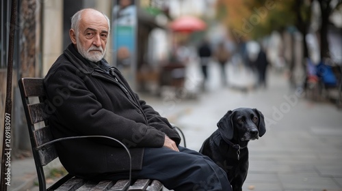 An old man was resting on a bench with his dog