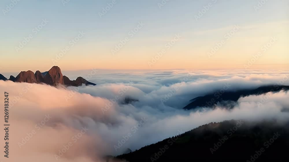 Breathtaking mountain peaks emerging from a sea of clouds at sunrise. A serene and majestic landscape perfect for nature, travel, and atmospheric projects. Breathtaking mountain peaks emerging from a sea of clouds at sunrise. A serene and majestic landscape perfect for nature, travel, and atmospheric projects.