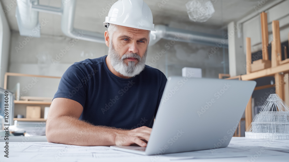 Architect in a construction helmet sits at a table in a modern office and works on a laptop. Drawings and a model of the building are laid out on the table, creating an atmosphere of professional desi Architect in a construction helmet sits at a table in a modern office and works on a laptop. Drawings and a model of the building are laid out on the table, creating an atmosphere of professional desi