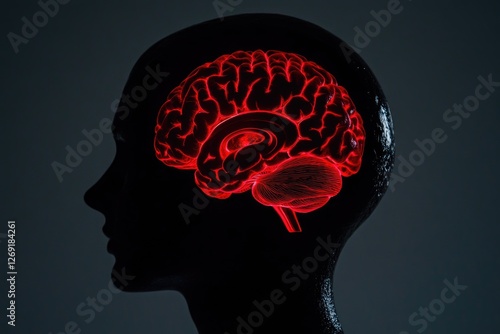 An illuminated brain on a human head, ideal for science or medical illustrations
