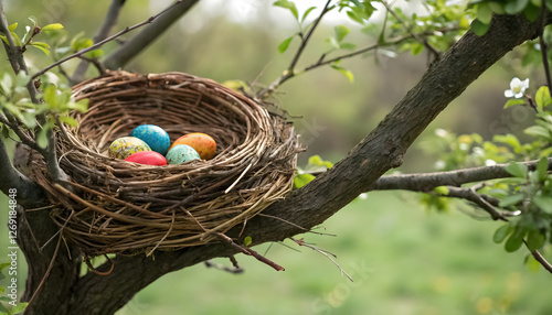 Wicker nest filled with eggs placed at the upper edge.