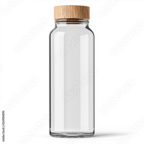 High-resolution shot of glass water bottle with intricate condensation patterns, polished bamboo cap, and seamless structure, highlighting refreshing and eco friendly aesthetics.