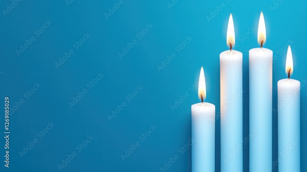 Elegant Display of Five White Candles on a Vibrant Blue Background, Emitting Warmth and Soft Glow for Cozy and Relaxing Atmosphere Elegant Display of Five White Candles on a Vibrant Blue Background, Emitting Warmth and Soft Glow for Cozy and Relaxing Atmosphere