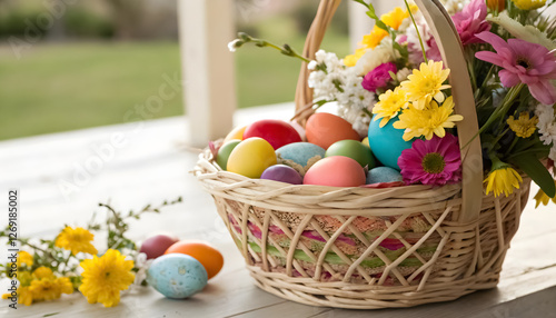 Easter basket filled with eggs and flowers, placed at the top edge.