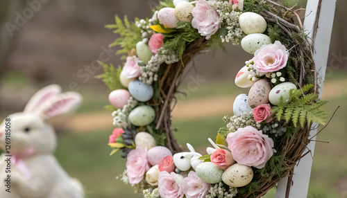 Floral wreath with Easter elements sitting at the upper edge.